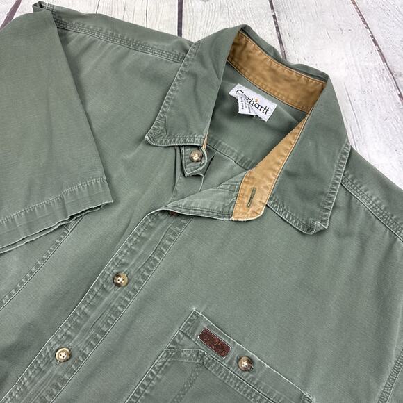 2 Carhartt Mens Relaxed Fit Short Sleeve Button Down Shirt XL Tall Olive Green - Picture 2 of 14